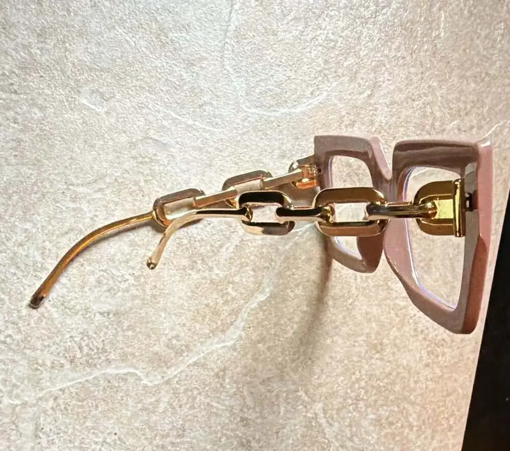 Unbranded Fashion Oversized Square Pink Glasses With Gold Chain Links